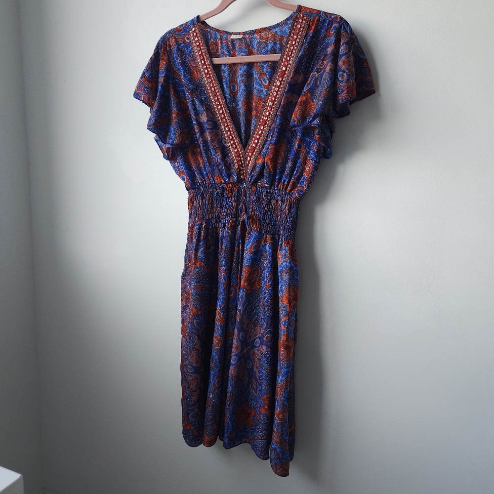 Art Silk Made In India Purple & Red Jeweled Smoked Boho Flutter Sleeve Dress - Picture 2 of 14